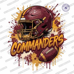 May include: A burgundy and gold football helmet and a football with the text COMMANDERS, set against a background of burgundy and gold paint splatters. The design includes a circular logo in the top right corner with the text DAVINEMARG.