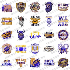 May include: A collection of twenty-five digital graphic designs featuring Minnesota Vikings football themes. The illustrations include various depictions of a bearded Viking mascot, footballs, shields, and text such as Skol Vikings, We Are Vikings, and Vikings Strong in purple and gold colours.
