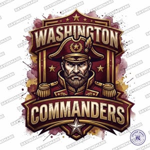 May include: A graphic design featuring a bearded military figure in a tricorn hat, centred within a shield emblem. The text WASHINGTON appears at the top and COMMANDERS at the bottom in gold lettering. The design uses burgundy and gold colours.