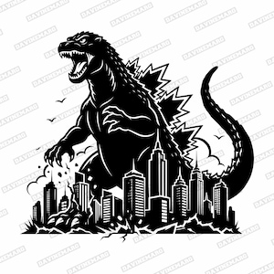 Può includere: Un'illustrazione grafica in bianco e nero raffigurante un grande mostro rettiliano con denti affilati e pinne dorsali che sovrasta lo skyline di una città. La creatura ha una lunga coda curva tra edifici in rovina e detriti.