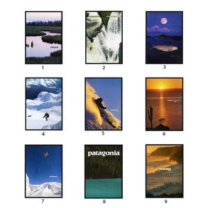 Op de afbeelding: Een verzameling van negen rechthoekige posters met buitenfotografie, waaronder scènes van vissen, kajakken, skiën en landschappen. Elke poster toont de merknaam Patagonia in witte tekst, gerangschikt in een drie-bij-drie rasterformaat.