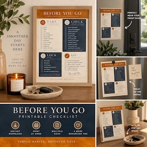 May include: A Before You Go printable checklist framed in wood, featuring four sections titled Take, Check, Lock, and Go. The checklist includes lists of daily tasks and household items. The design uses a colour palette of orange, cream, and dark blue.