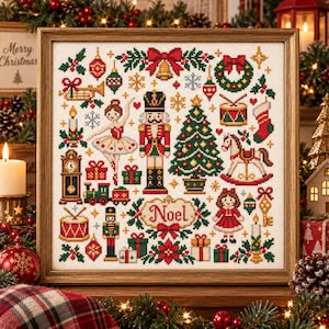 Puede incluir: Un cuadro de punto de cruz con una colección de iconos navideños que incluye un cascanueces, una bailarina, un caballito de balancín, un árbol decorado, regalos y una placa central con la palabra Noel en rojo, verde y dorado.