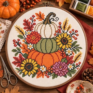 Puede incluir: Un bastidor de bordado circular con un patrón de punto de cruz de tres calabazas apiladas en blanco, verde y naranja. El diseño está rodeado de follaje otoñal colorido, incluyendo girasoles amarillos, bayas rojas y hojas de otoño.