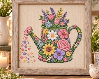 Op de afbeelding: Een ingelijst kruissteek borduurwerk met een groene gieter die overloopt van een kleurrijk boeket bloemen, waaronder zonnebloemen, madeliefjes en rozen, met kleine bloemmotieven die uit de tuit op een beige stof lijken te vallen.
