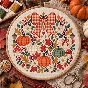 Korsstygnsmönster med höstrosépumpor — Höstpumpor, svampar, blommor, Thanksgiving PDF-mönster