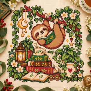 May include: A cross-stitch pattern on beige fabric featuring a brown sloth hanging from a leafy branch while reading a green book. Below, a stack of books, a lit lantern, a teacup, and an open book are surrounded by green vines and white flowers.