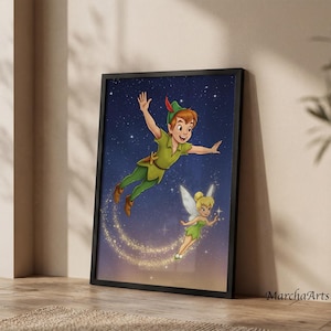 May include: A framed wall art print featuring a cartoon illustration of a boy in a green tunic and cap flying alongside a small fairy with translucent wings against a dark blue starry night sky, with golden pixie dust swirling below them.