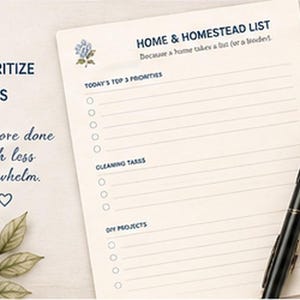 May include: A cream-colored paper planner sheet titled HOME & HOMESTEAD LIST with sections for TODAY'S TOP 3 PRIORITIES, CLEANING TASKS, and DIY PROJECTS. It features a small blue flower illustration, a black ballpoint pen, and printed text.