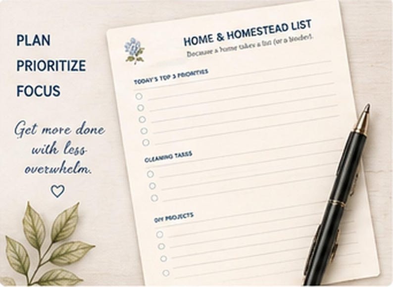 May include: A cream-colored paper planner sheet titled HOME & HOMESTEAD LIST with sections for TODAY'S TOP 3 PRIORITIES, CLEANING TASKS, and DIY PROJECTS. It features a small blue flower illustration, a black ballpoint pen, and printed text.