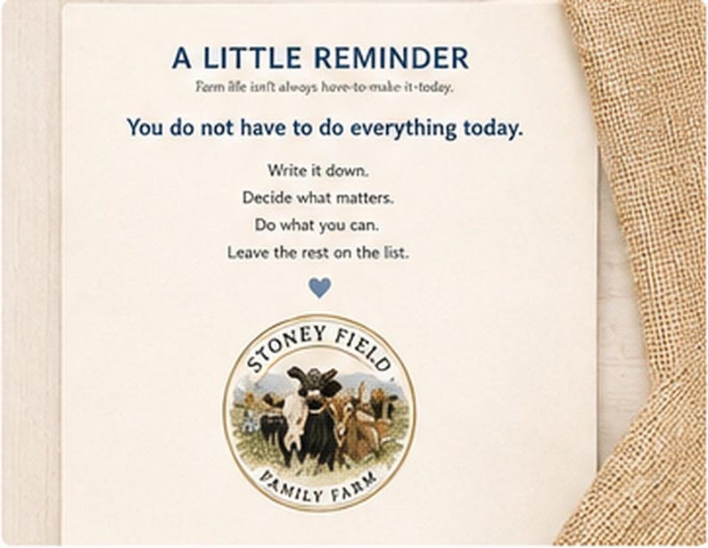 May include: A cream-colored card featuring the text A LITTLE REMINDER, Farm life isn't always have-to-make-it-today, You do not have to do everything today, Write it down, Decide what matters, Do what you can, Leave the rest on the list, and a Stoney Field Family Farm logo.