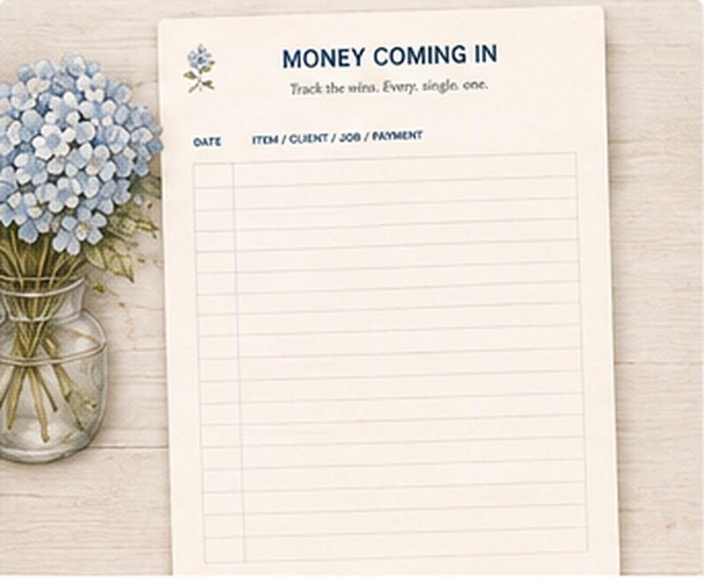 May include: A cream-colored paper tracker sheet with the text MONEY COMING IN and Track the wins. Every. single. one. The sheet features columns for DATE and ITEM / CLIENT / JOB / PAYMENT, decorated with a small blue floral illustration.