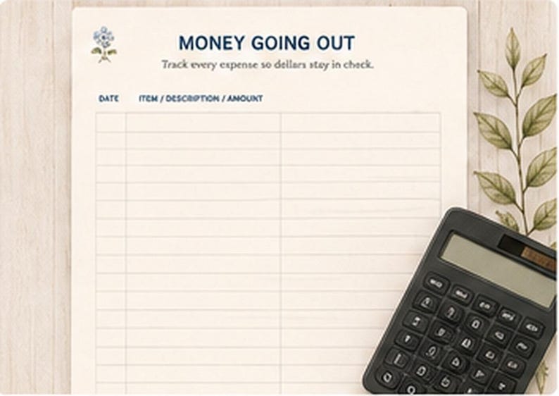 May include: A cream-colored expense tracker sheet with the text MONEY GOING OUT and Track every expense so dollars stay in check. The sheet features columns for DATE, ITEM, DESCRIPTION, and AMOUNT, a small blue flower illustration, and a black calculator.