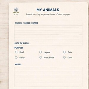 May include: A cream-colored paper form titled MY ANIMALS with a small blue flower illustration. It includes fields for animal breed, name, date of birth, and purpose checkboxes for beef, layers, pets, dairy, meat birds, and other, plus a notes section.