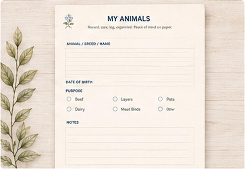 May include: A cream-colored paper form titled MY ANIMALS with a small blue flower illustration. It includes fields for animal breed, name, date of birth, and purpose checkboxes for beef, layers, pets, dairy, meat birds, and other, plus a notes section.