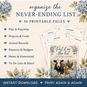 May include: A set of 36 printable planner pages titled organize the NEVER-ENDING LIST. The pages feature blue hydrangea illustrations, a cow, a goat, and a chicken. Text includes Plan & Prioritize, Projects & Goals, Animal Records, Finances & Budgets, Home & Homestead, To-Do Lists & More, and Put it on the list.