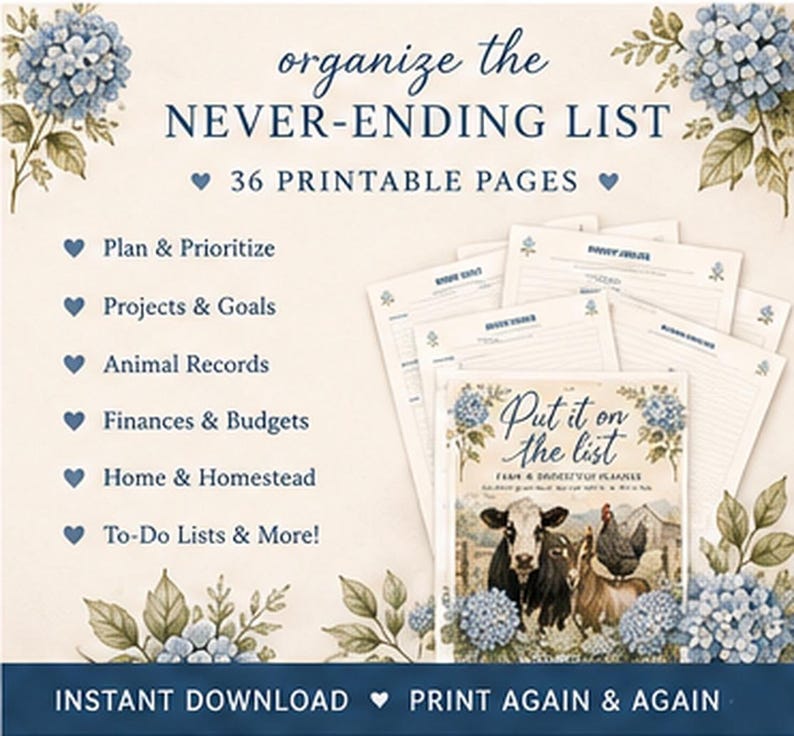 May include: A set of 36 printable planner pages titled organize the NEVER-ENDING LIST. The pages feature blue hydrangea illustrations, a cow, a goat, and a chicken. Text includes Plan & Prioritize, Projects & Goals, Animal Records, Finances & Budgets, Home & Homestead, To-Do Lists & More, and Put it on the list.