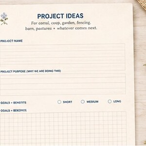 May include: A cream-colored paper project planner sheet with blue text. The header reads PROJECT IDEAS, followed by lines for project name and purpose. It includes checkboxes for short, medium, and long goals, plus a grid section for notes.