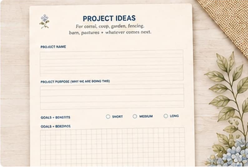 May include: A cream-colored paper project planner sheet with blue text. The header reads PROJECT IDEAS, followed by lines for project name and purpose. It includes checkboxes for short, medium, and long goals, plus a grid section for notes.