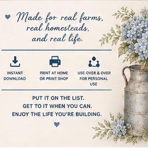 May include: A digital print featuring blue hydrangea flowers in a rustic metal milk can. Text reads: Made for real farms, real homesteads, and real life. Instant download, print at home or print shop, use over & over for personal use. Put it on the list. Get to it when you can. Enjoy the life you're building.