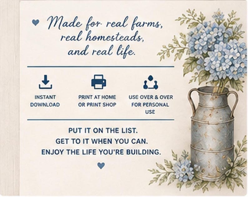 May include: A digital print featuring blue hydrangea flowers in a rustic metal milk can. Text reads: Made for real farms, real homesteads, and real life. Instant download, print at home or print shop, use over & over for personal use. Put it on the list. Get to it when you can. Enjoy the life you're building.