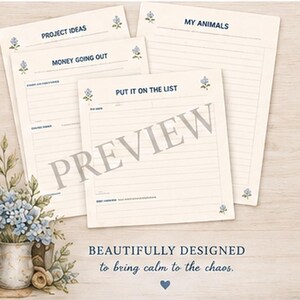May include: A set of cream-colored paper sheets with blue floral accents and dark blue text including headings like PROJECT IDEAS, MONEY GOING OUT, MY ANIMALS, and PUT IT ON THE LIST. The text BEAUTIFULLY DESIGNED to bring calm to the chaos is visible.