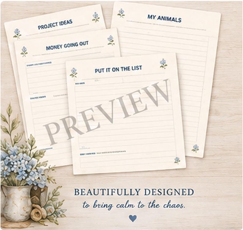 May include: A set of cream-colored paper sheets with blue floral accents and dark blue text including headings like PROJECT IDEAS, MONEY GOING OUT, MY ANIMALS, and PUT IT ON THE LIST. The text BEAUTIFULLY DESIGNED to bring calm to the chaos is visible.
