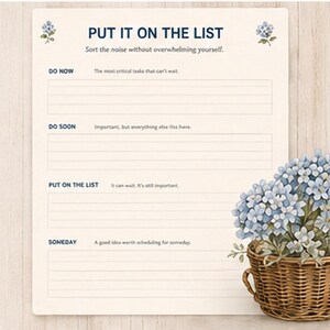 May include: A cream-colored task planner sheet titled PUT IT ON THE LIST with blue floral accents. It features four sections: DO NOW, DO SOON, PUT ON THE LIST, and SOMEDAY, each with lines for writing. A woven basket of blue flowers sits at the bottom right.