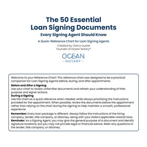May include: A white informational document titled The 50 Essential Loan Signing Documents Every Signing Agent Should Know, created by Darcy Uustal of Ocean Notary. It includes a reference chart guide for loan signing agents with instructions.