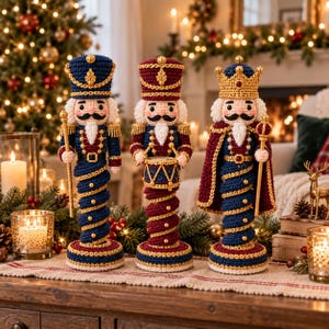 May include: Three crocheted nutcracker figures standing on a table. The left figure wears a blue hat and uniform, the center figure wears a red hat and uniform with a drum, and the right figure wears a gold crown and a red cape over a blue uniform.