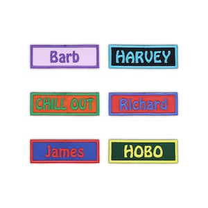 May include: Embroidered patches in various colors, each with a different name or phrase. The patches include names like "Barb," "Harvey," "Richard," and "James," as well as the phrase "Chill Out" and the word "Hobo."