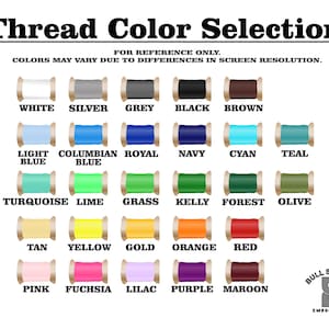 May include: A chart displaying 20 different thread colours for embroidery. The colours are arranged in rows and labelled with their names, such as white, silver, grey, black, brown, light blue, columbian blue, royal blue, navy, cyan, teal, turquoise, lime, grass, kelly, forest, olive, tan, yellow, gold, orange, red, pink, fuchsia, lilac, purple, and maroon. The chart also includes the text "Thread Colour Selection" and "FOR REFERENCE ONLY. COLOURS MAY VARY DUE TO DIFFERENCES IN SCREEN RESOLUTION."