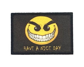 2 by 3 Inch Scary Smiley Face Have a Nice Day Iron on Patch Iron on Applique with Hook and Loop Fastener Available