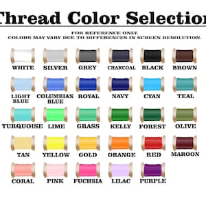 May include: A color chart titled "Thread Color Selection" displays a variety of thread colors. The chart includes colors such as white, silver, grey, charcoal, black, brown, light blue, royal blue, navy, cyan, teal, turquoise, lime, grass, and more.