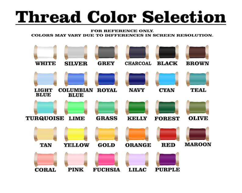 May include: A color chart titled "Thread Color Selection" displays a variety of thread colors. The chart includes colors such as white, silver, grey, charcoal, black, brown, light blue, royal blue, navy, cyan, teal, turquoise, lime, grass, and more.
