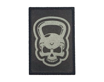 2 by 3 Inch Black Kettlebell Skull Iron on Patch Iron on Applique with Hook and Loop Fastener Available