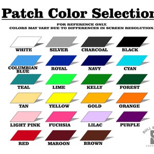 May include: A colour chart showing 18 different thread colours for embroidery. The colours are arranged in rows of four, with the following colours: white, silver, charcoal, black, Columbian blue, royal, navy, cyan, teal, lime, kelly, forest, tan, yellow, gold, orange, light pink, fuchsia, lilac, purple, red, maroon, and brown.