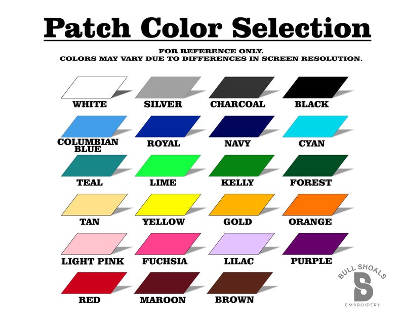 May include: A colour chart showing 18 different thread colours for embroidery. The colours are arranged in rows of four, with the following colours: white, silver, charcoal, black, Columbian blue, royal, navy, cyan, teal, lime, kelly, forest, tan, yellow, gold, orange, light pink, fuchsia, lilac, purple, red, maroon, and brown.