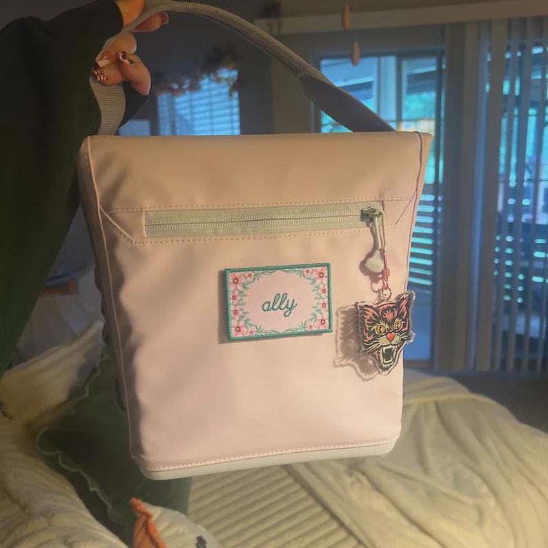 May include: A light pink shoulder bag with a gray strap and zipper. The bag features a rectangular patch with the name "ally" in cursive, surrounded by a floral border. A cat-faced charm hangs from the zipper.