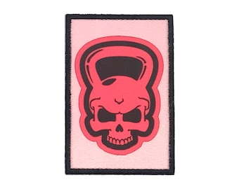 2 by 3 Inch Pink Kettlebell Skull Iron on Patch Iron on Applique with Hook and Loop Fastener Available