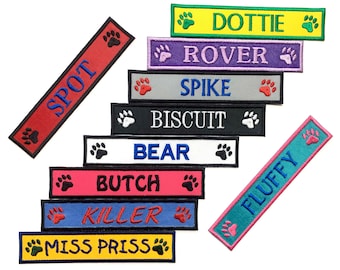 1 by 5 Inch Paw Print Name Patch Personalized Custom Patch Embroidered Iron On or Hook and Loop Fastener Available