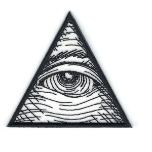 May include: Black and white embroidered patch of an eye inside a triangle. The eye is detailed with lines and shading.