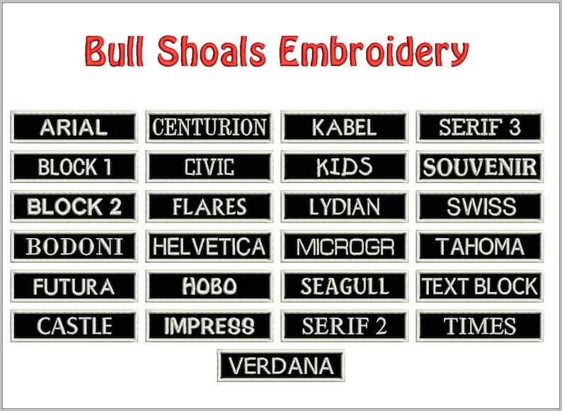 May include: A black and white image displaying a range of font names in white text on black rectangular patches. The text reads: "Arial, Centurion, Kabel, Serif 3, Block 1, Civic, Kids, Souvenir, Block 2, Flares, Lydian, Swiss, Bodoni, Helvetica, Microgr, Tahoma, Futura, Hobo, Seagull, Text Block, Castle, Impress, Serif 2, Times, Verdana."