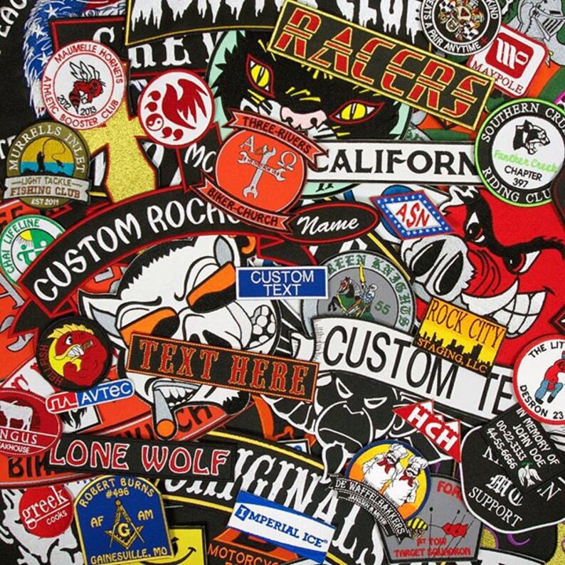 May include: A collection of colorful embroidered patches with various designs and text. The patches feature a variety of themes, including motorcycles, animals, and sports. Some of the text on the patches includes "Custom", "Lone Wolf", "Rock City", and "Imperial Ice".