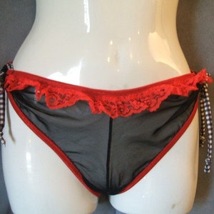 GoGo Licious Pin Up Panties Black Stretch Mesh w/ Red Lace Adjustable sz S/M
