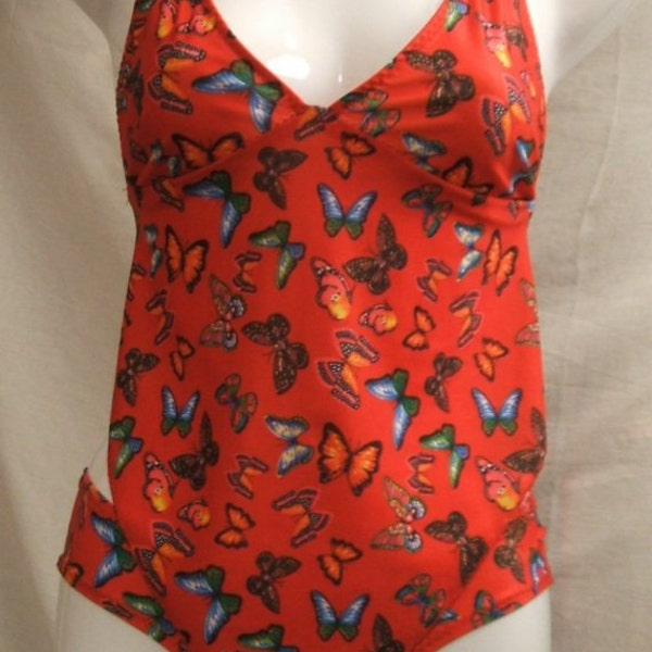 Ladies Red Butterfly Print  Halter Top & Booty Shorts   Dancewear/Swimwear/Rave sz S/M