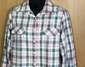 1950s Wool Shirt Blouse Top Jacket Unlined Pink Gray Plaid Long Sleeve Large Bust 42