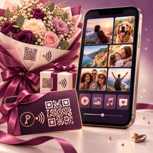 May include: A smartphone displaying a photo collage app interface next to a bouquet of roses, a gift box, and a rectangular card, all featuring QR codes and a key icon. The screen shows six photos including a dog, landscapes, and people.