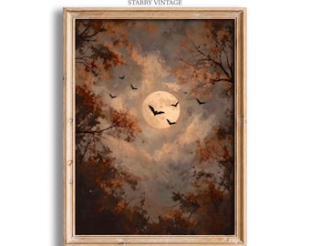 Op de afbeelding: Een ingelijste kunstdruk getiteld STARRY VINTAGE met een volle maan omringd door donkere wolken en silhouetten van vliegende vleermuizen. De scène wordt omlijst door donkere, getextureerde takken in tinten bruin, oranje en donkergrijs.