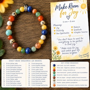 May include: A circular beaded bracelet featuring 24 multicoloured gemstone beads including yellow jade, green aventurine, dalmatian jasper, carnelian, howlite, lapis lazuli, amazonite, and red line jasper, accompanied by an informational card.